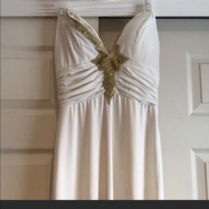 Halter Evening Gown - White & Gold embellishment